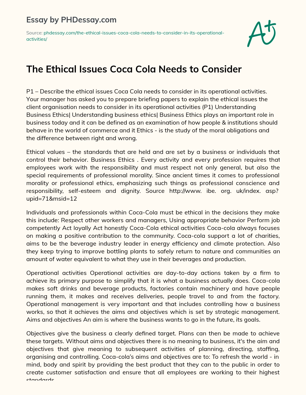 The Ethical Issues Coca Cola Needs to Consider essay