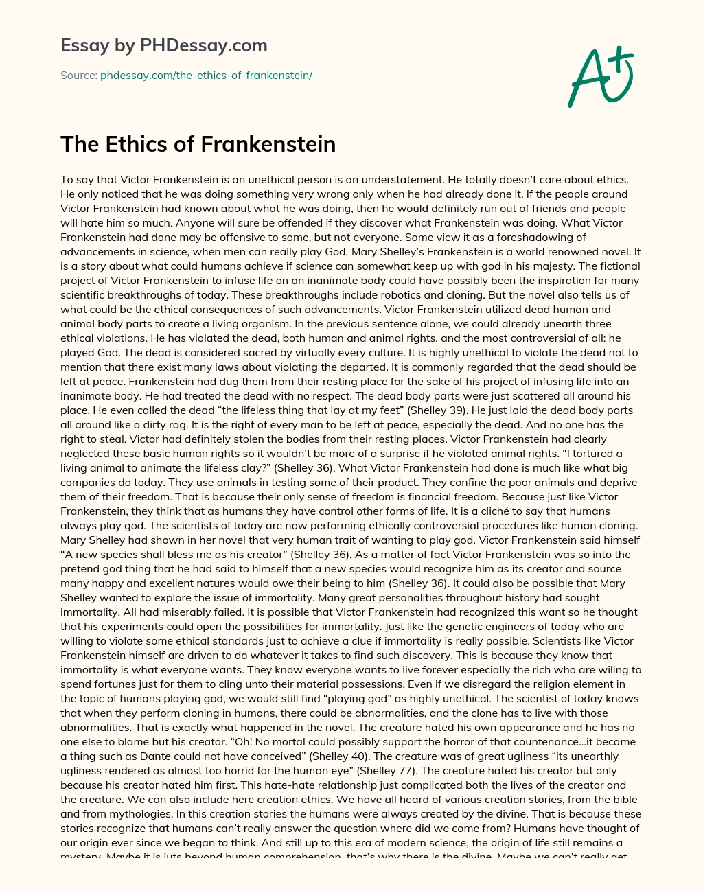 The Ethics of Frankenstein essay