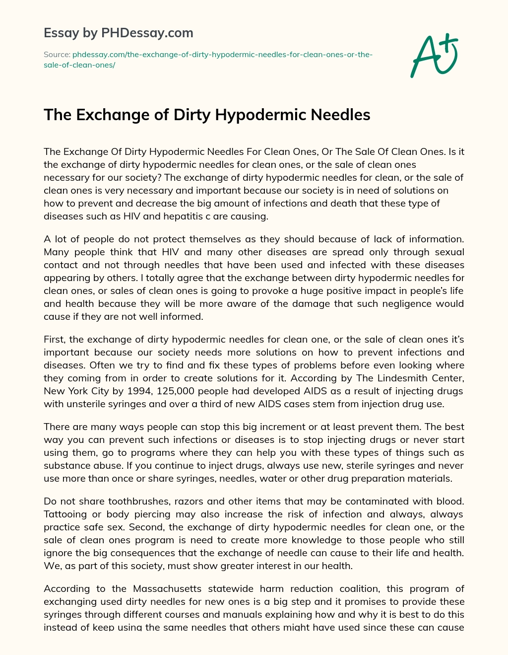 The Exchange of Dirty Hypodermic Needles essay