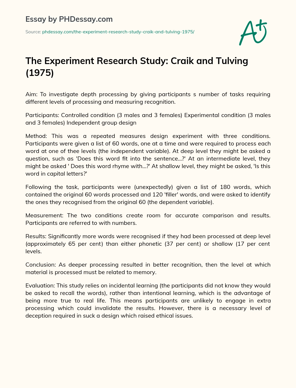 The Experiment Research Study: Craik and Tulving (1975) essay