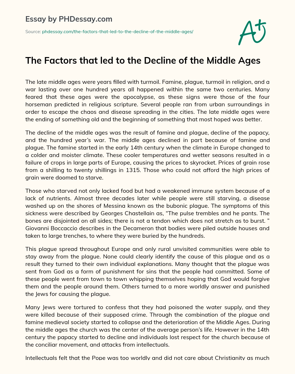 The Factors that led to the Decline of the Middle Ages essay
