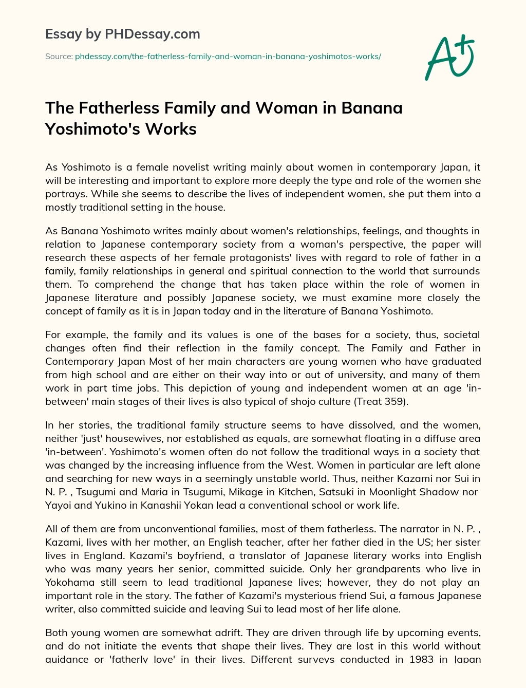 The Fatherless Family and Woman in Banana Yoshimoto’s Works essay