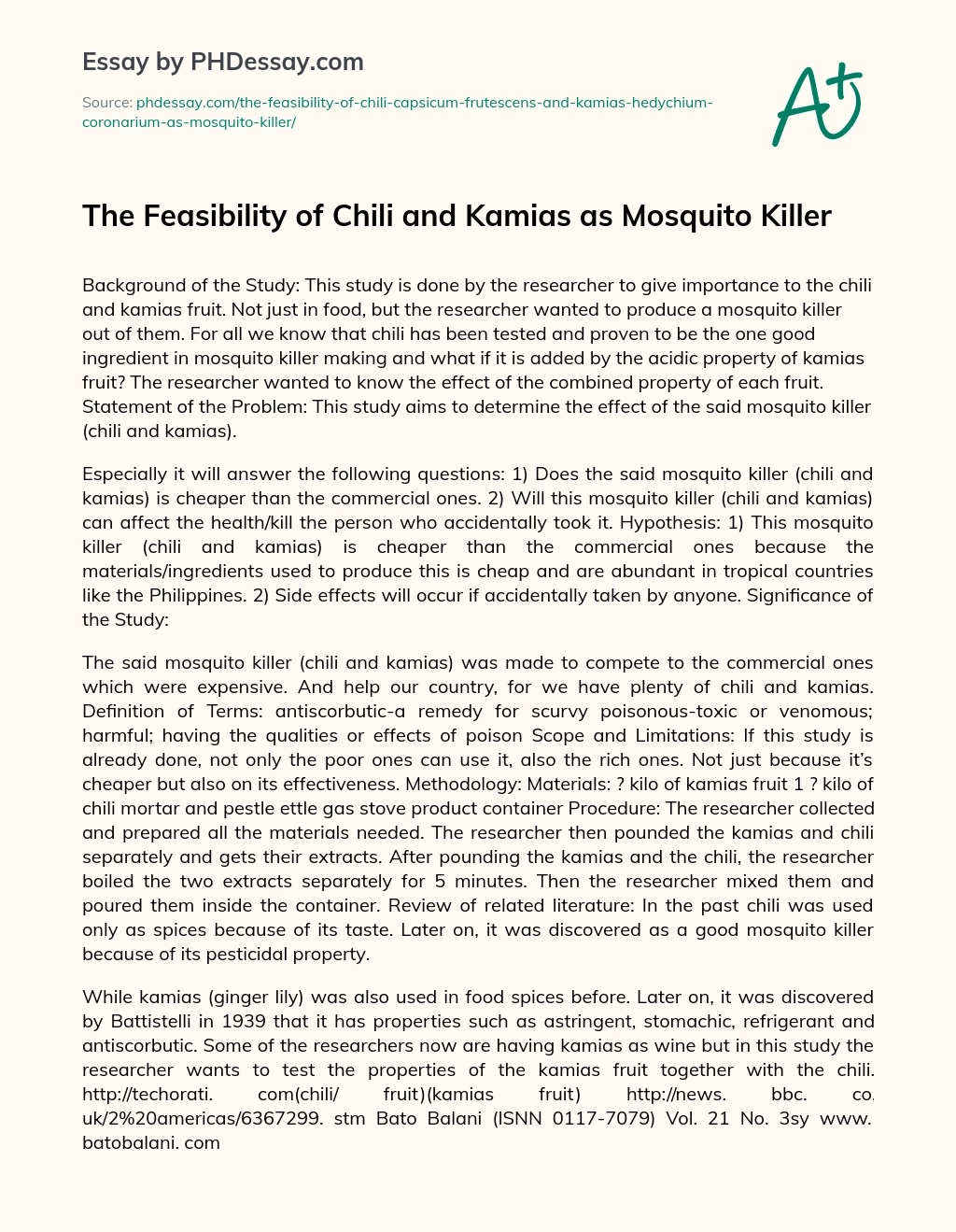 The Feasibility of Chili and Kamias as Mosquito Killer essay