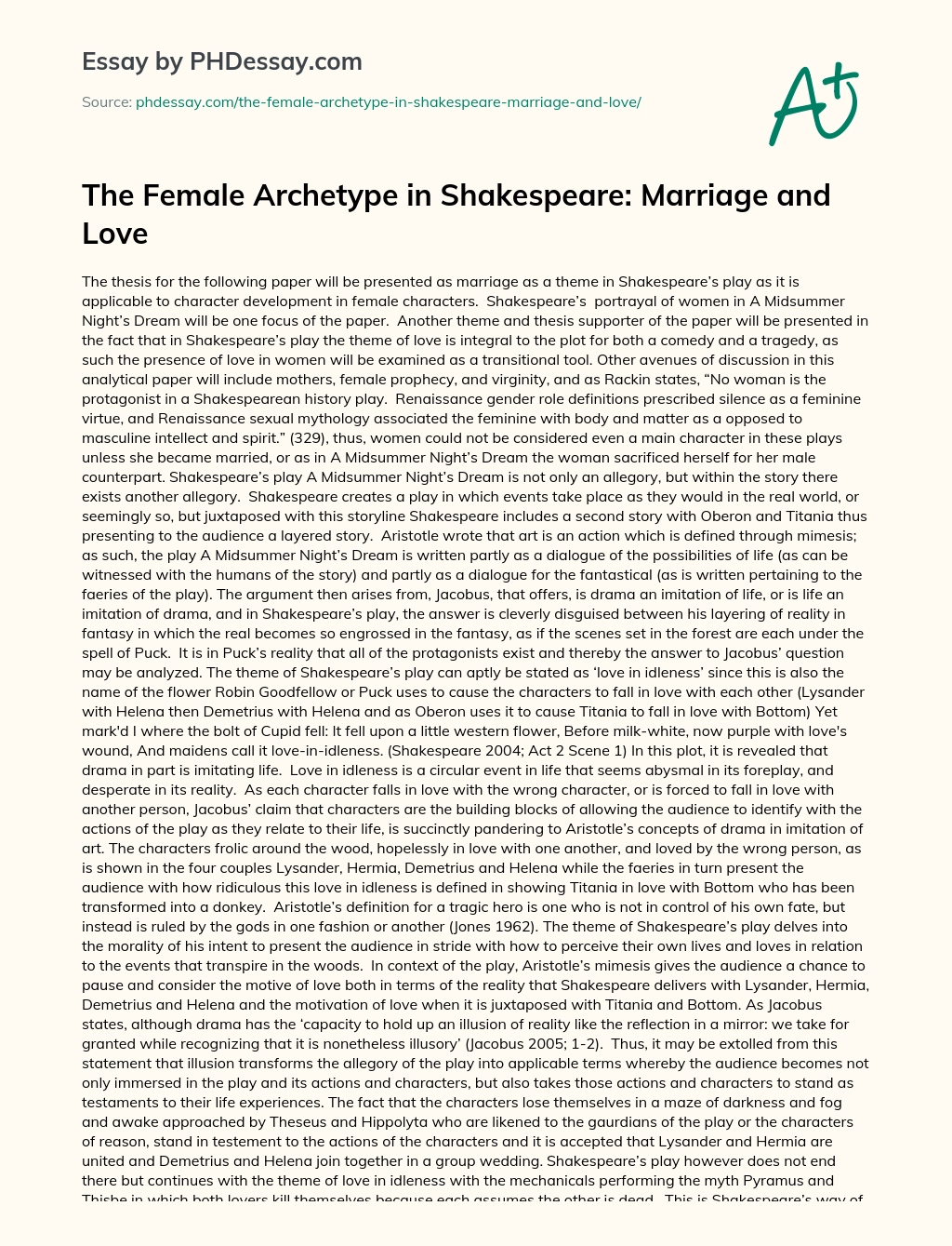 The Female Archetype in Shakespeare:  Marriage and Love essay