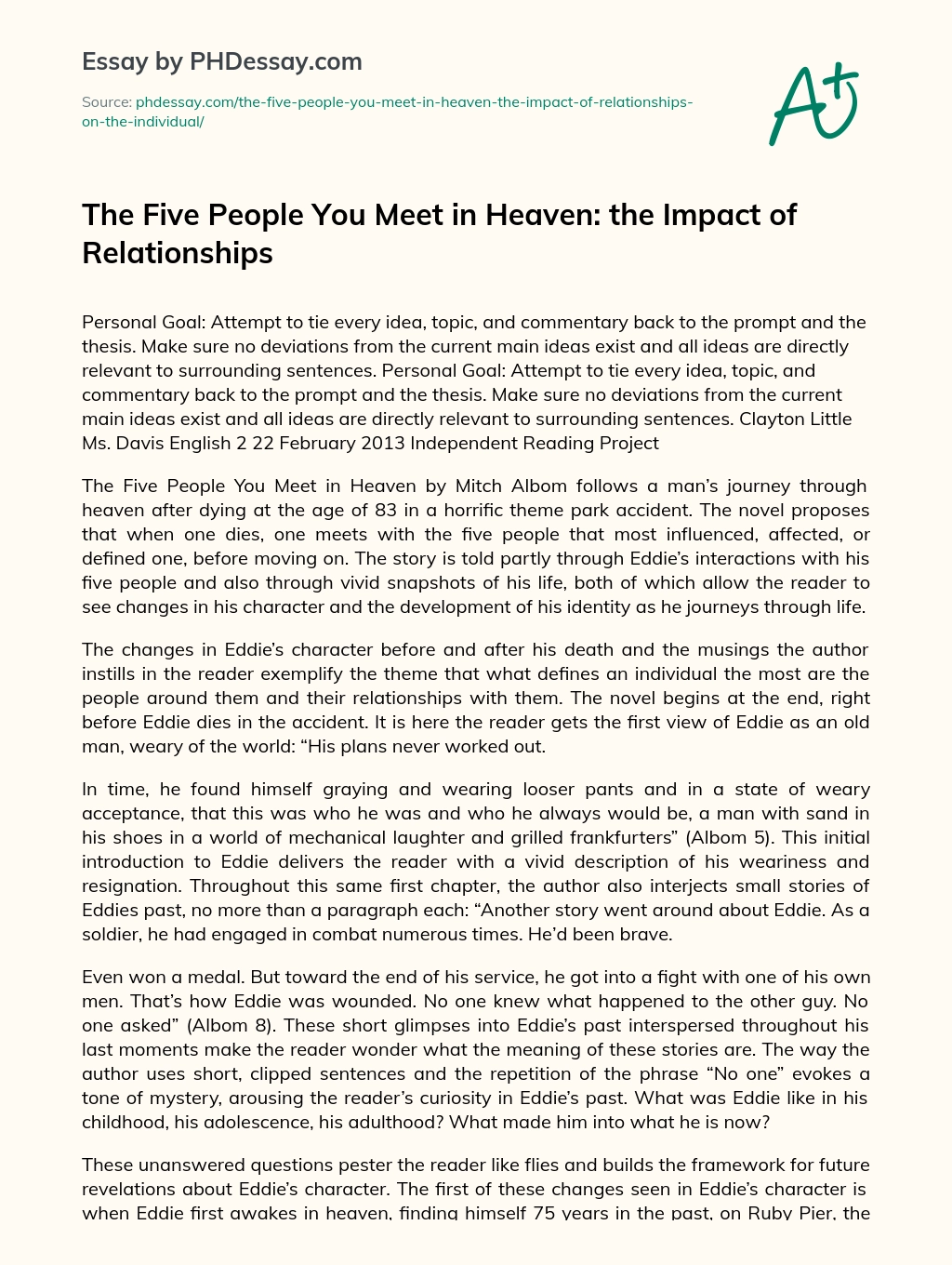 The Five People You Meet In Heaven The Impact Of Relationships Phdessay Com