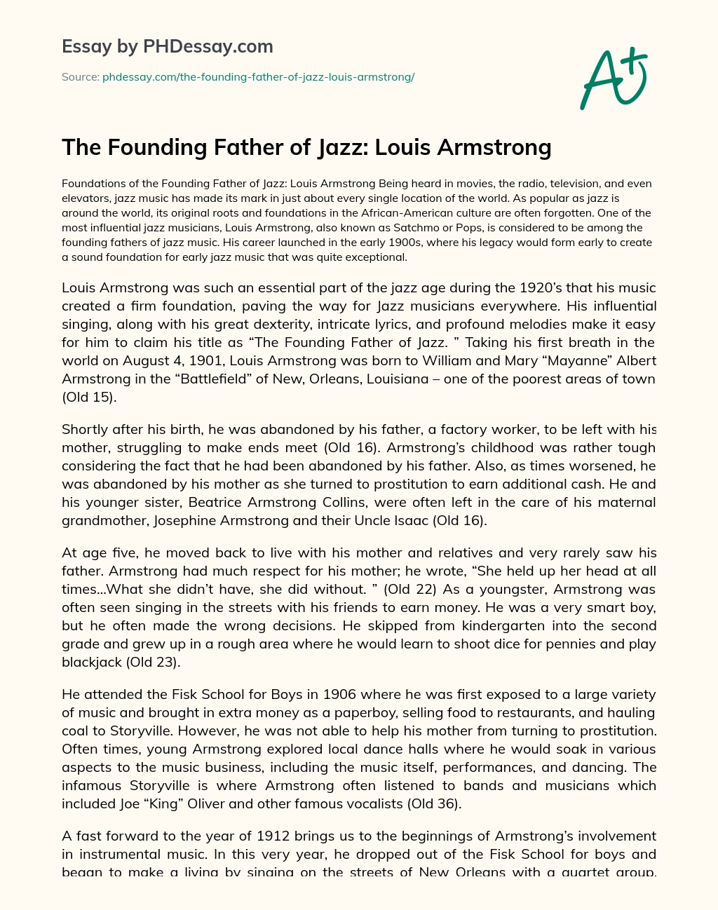 The Founding Father of Jazz: Louis Armstrong essay
