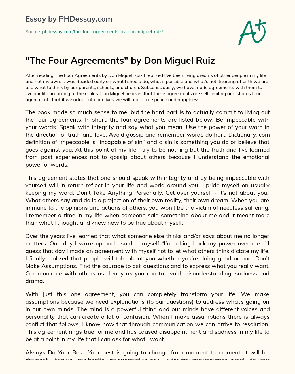 The Four Agreements by Don Miguel Ruiz essay