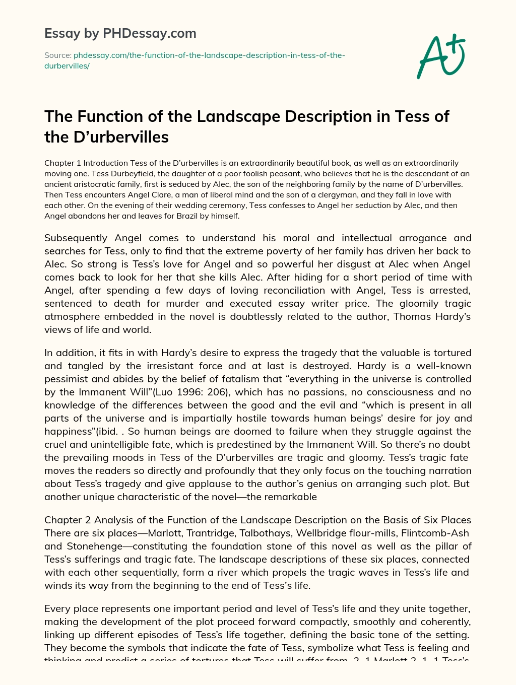 The Function of the Landscape Description in Tess of the D’urbervilles essay