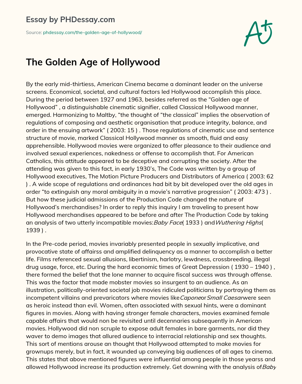 The Golden Age of Hollywood essay