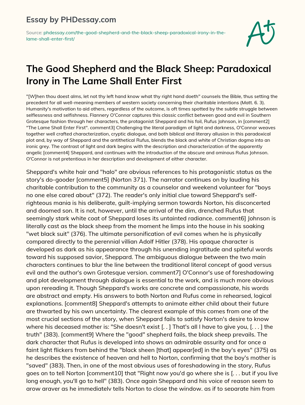 The Good Shepherd and the Black Sheep: Paradoxical Irony in The Lame Shall Enter First essay
