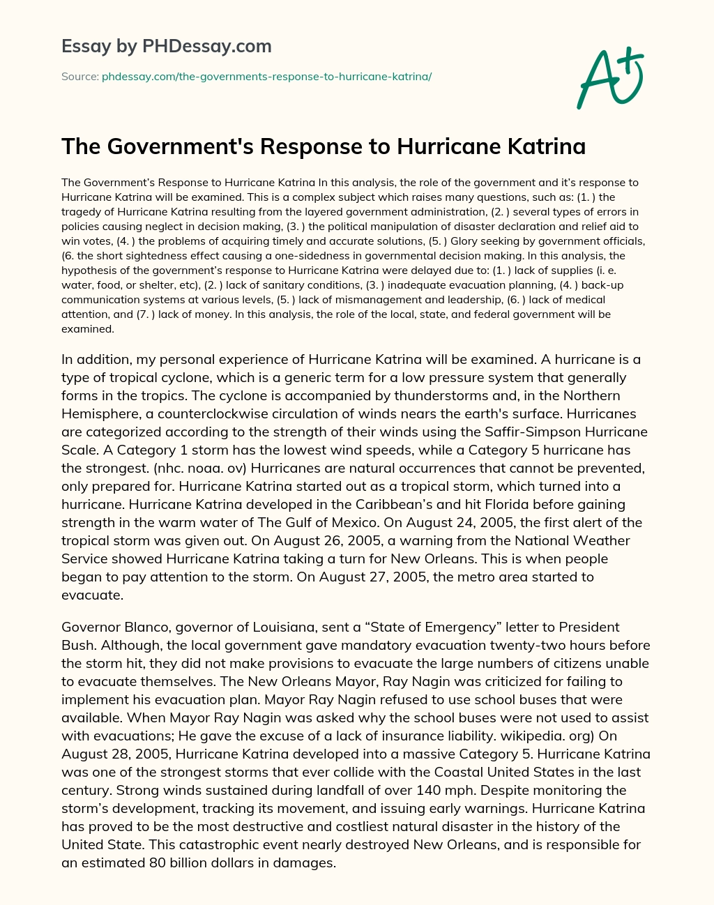 The Government’s Response to Hurricane Katrina essay