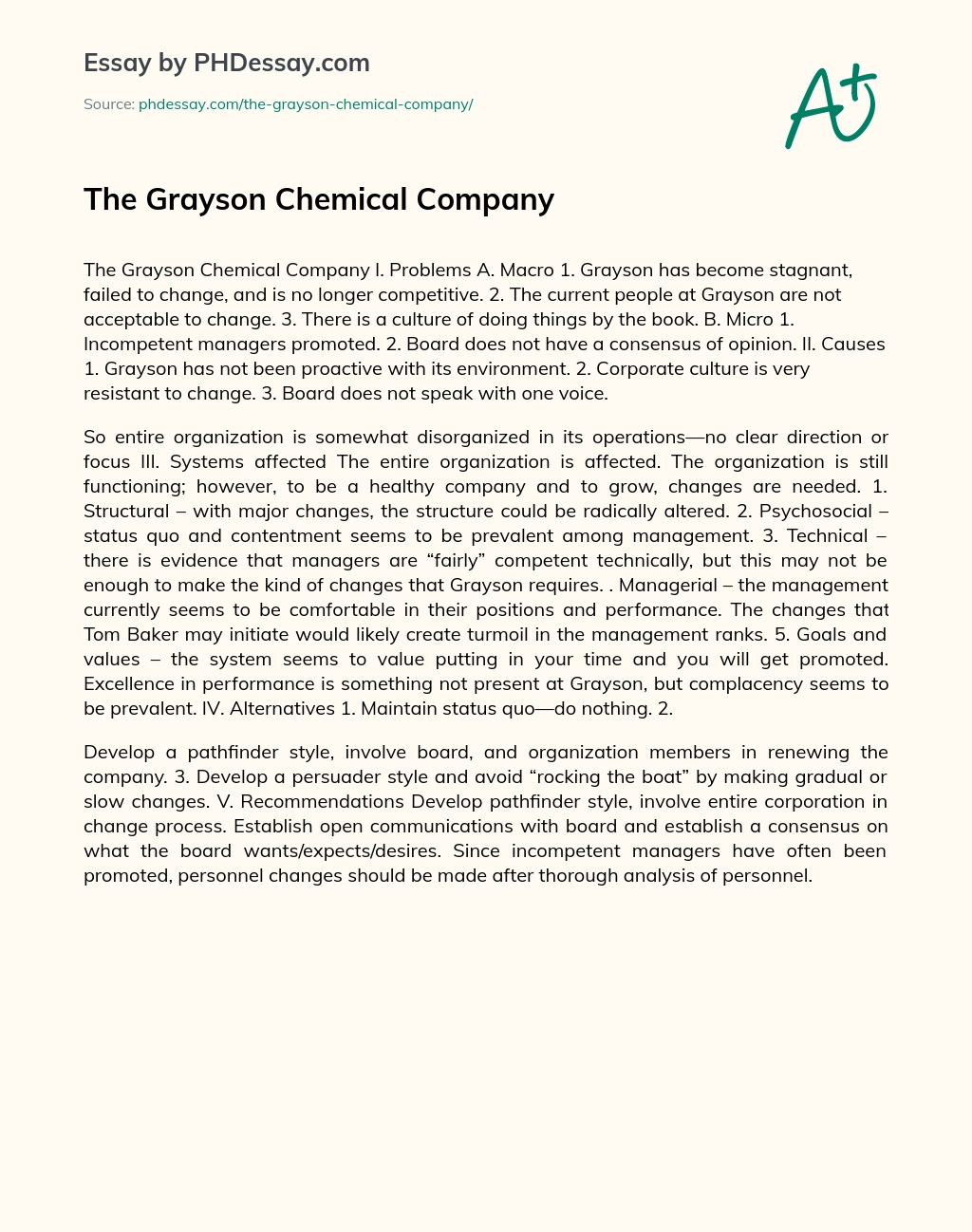 The Grayson Chemical Company essay