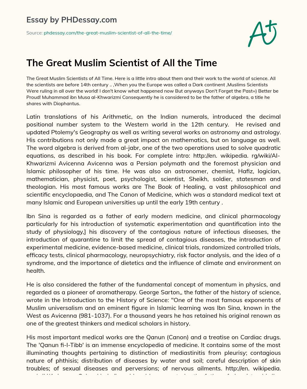 The Great Muslim Scientist of All the Time essay