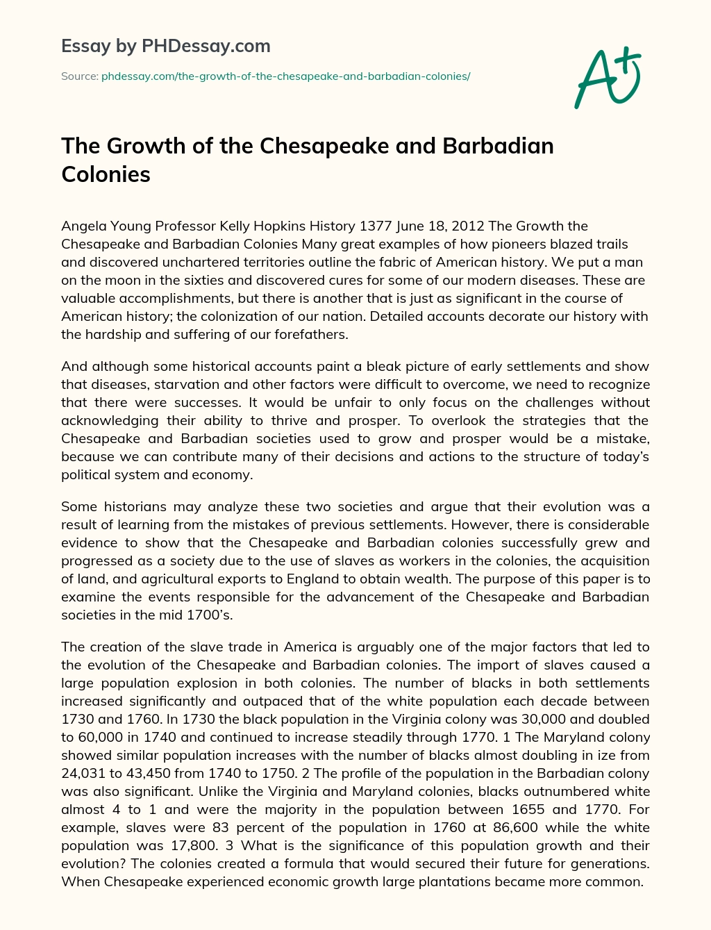 The Growth of the Chesapeake and Barbadian Colonies essay