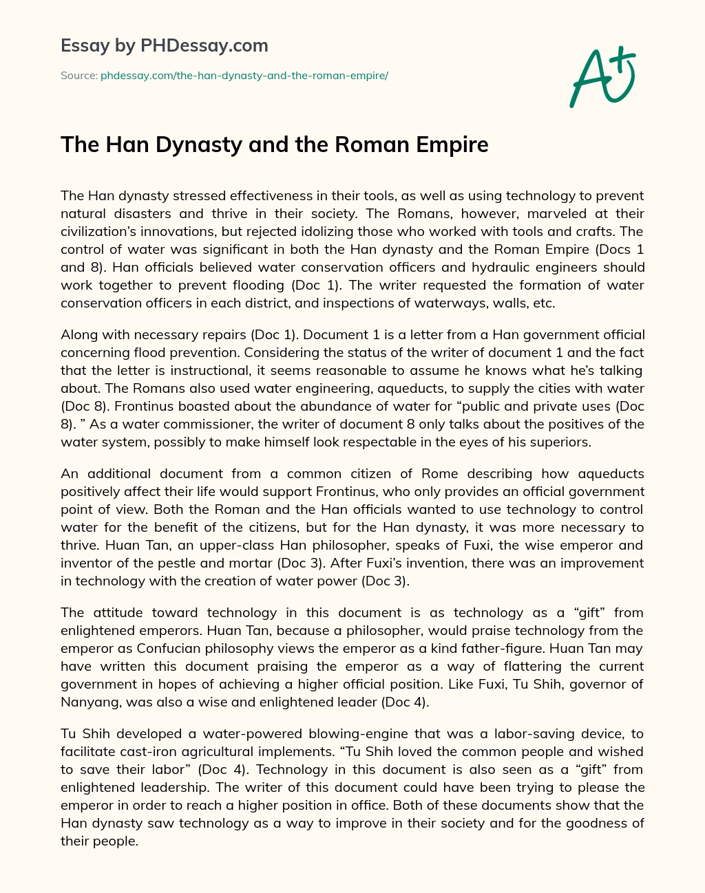 The Han Dynasty and the Roman Empire essay