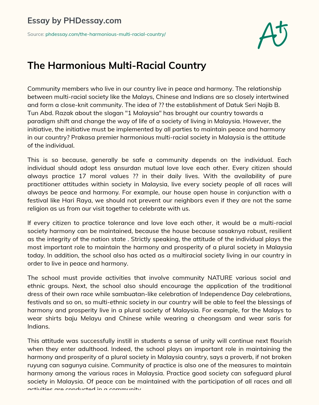 The Harmonious Multi-Racial Country essay