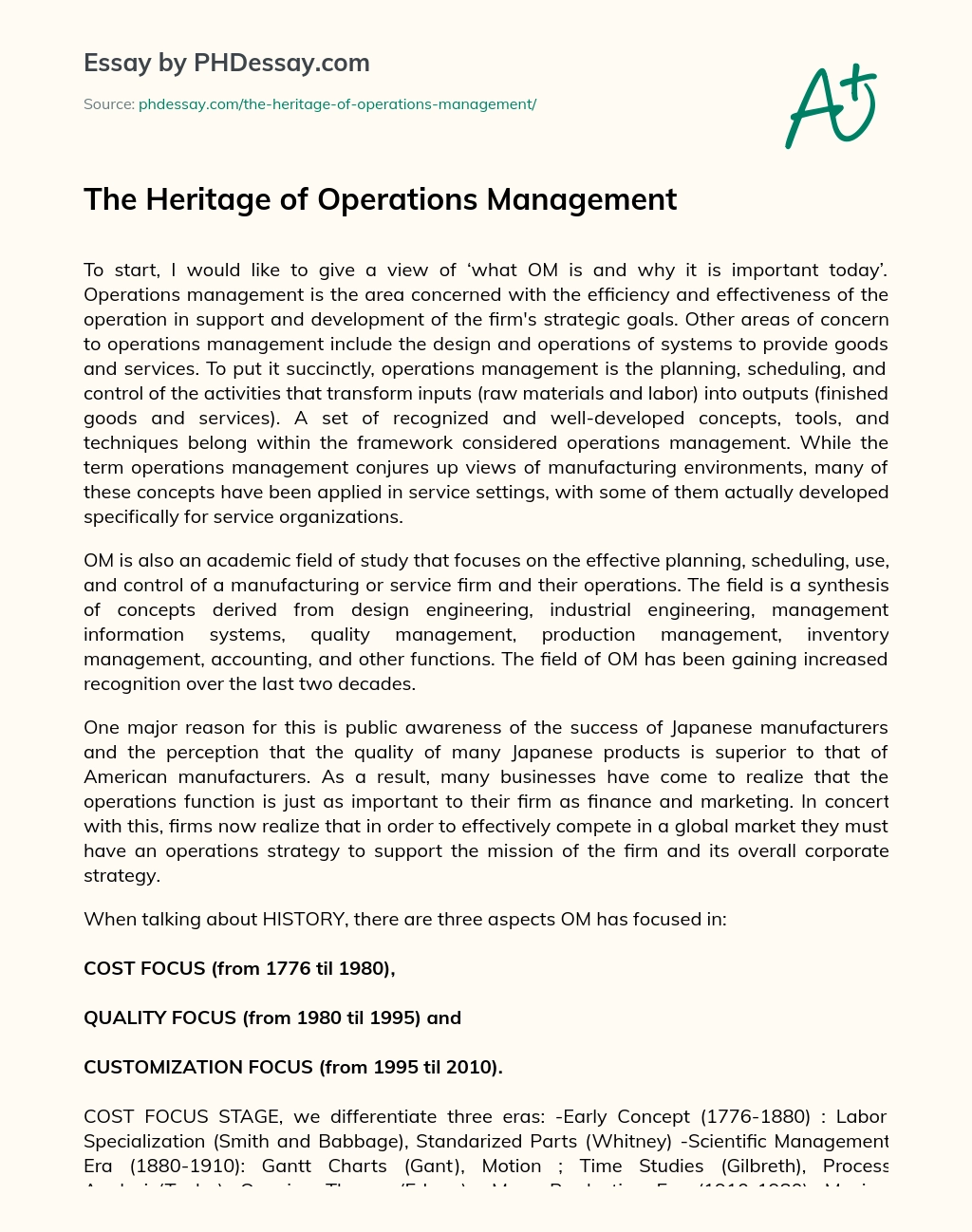 The Heritage of Operations Management essay