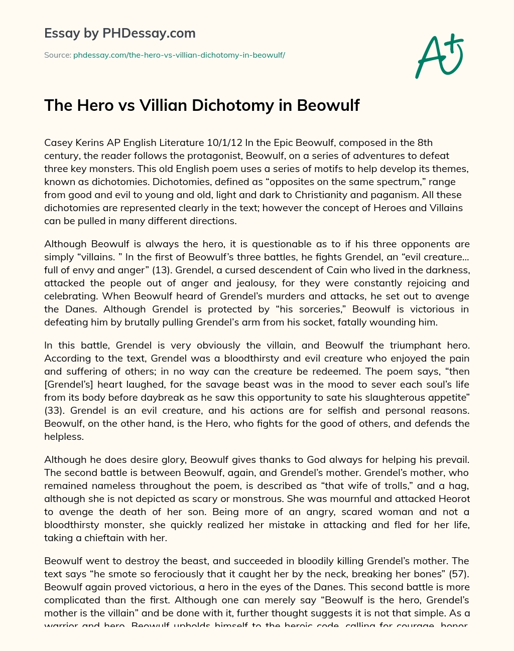 The Hero vs Villian Dichotomy in Beowulf essay