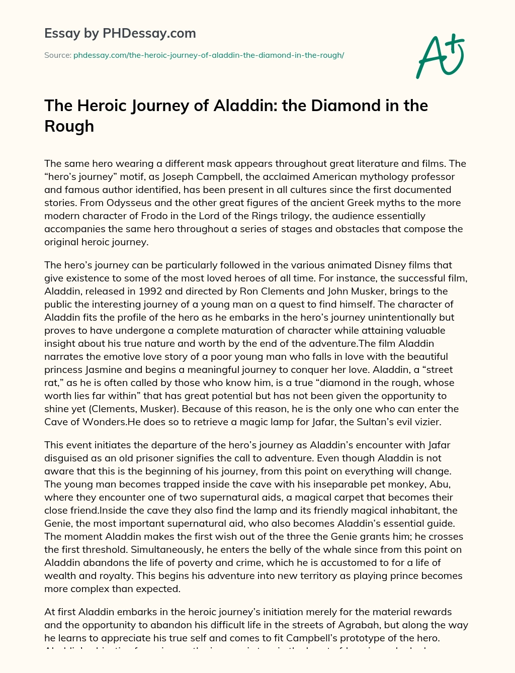 The Heroic Journey of Aladdin: the Diamond in the Rough essay