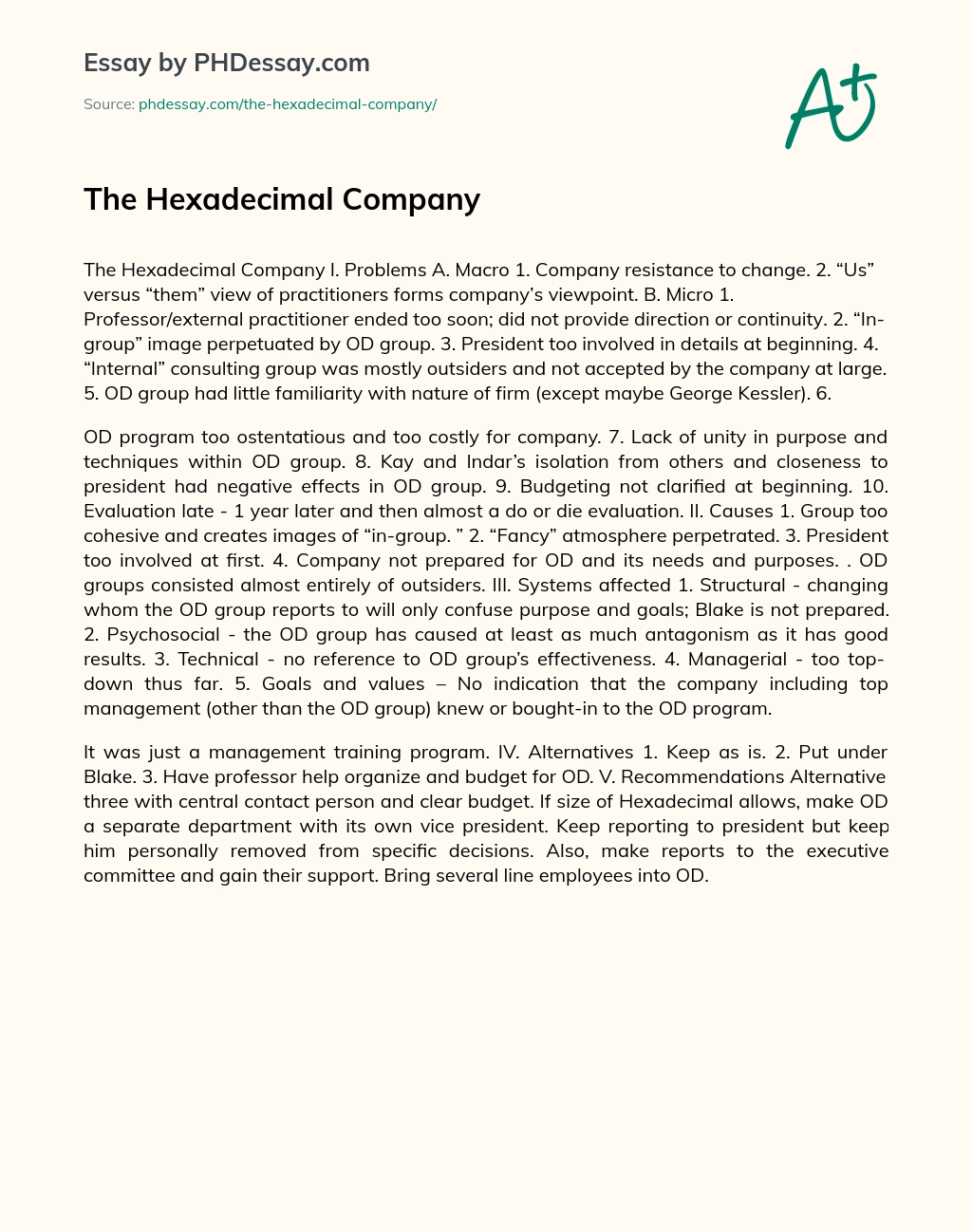 The Hexadecimal Company essay