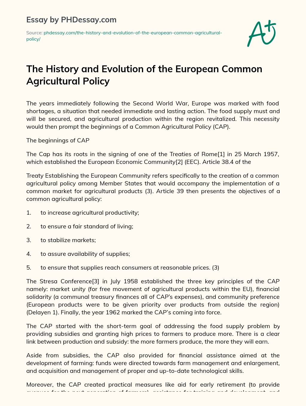 The History and Evolution of the European Common Agricultural Policy essay