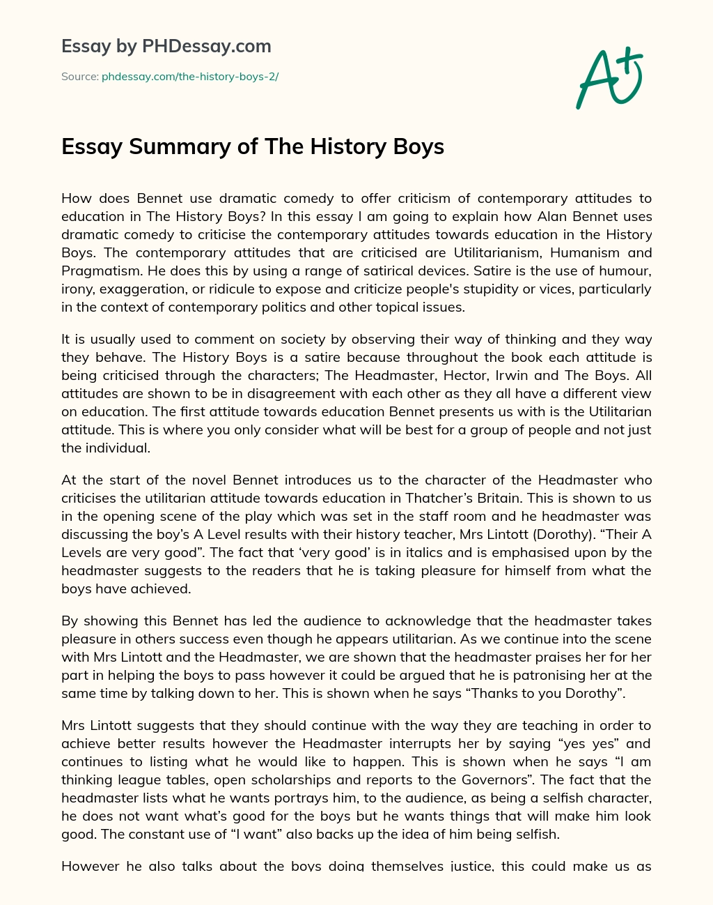 Essay Summary of The History Boys essay