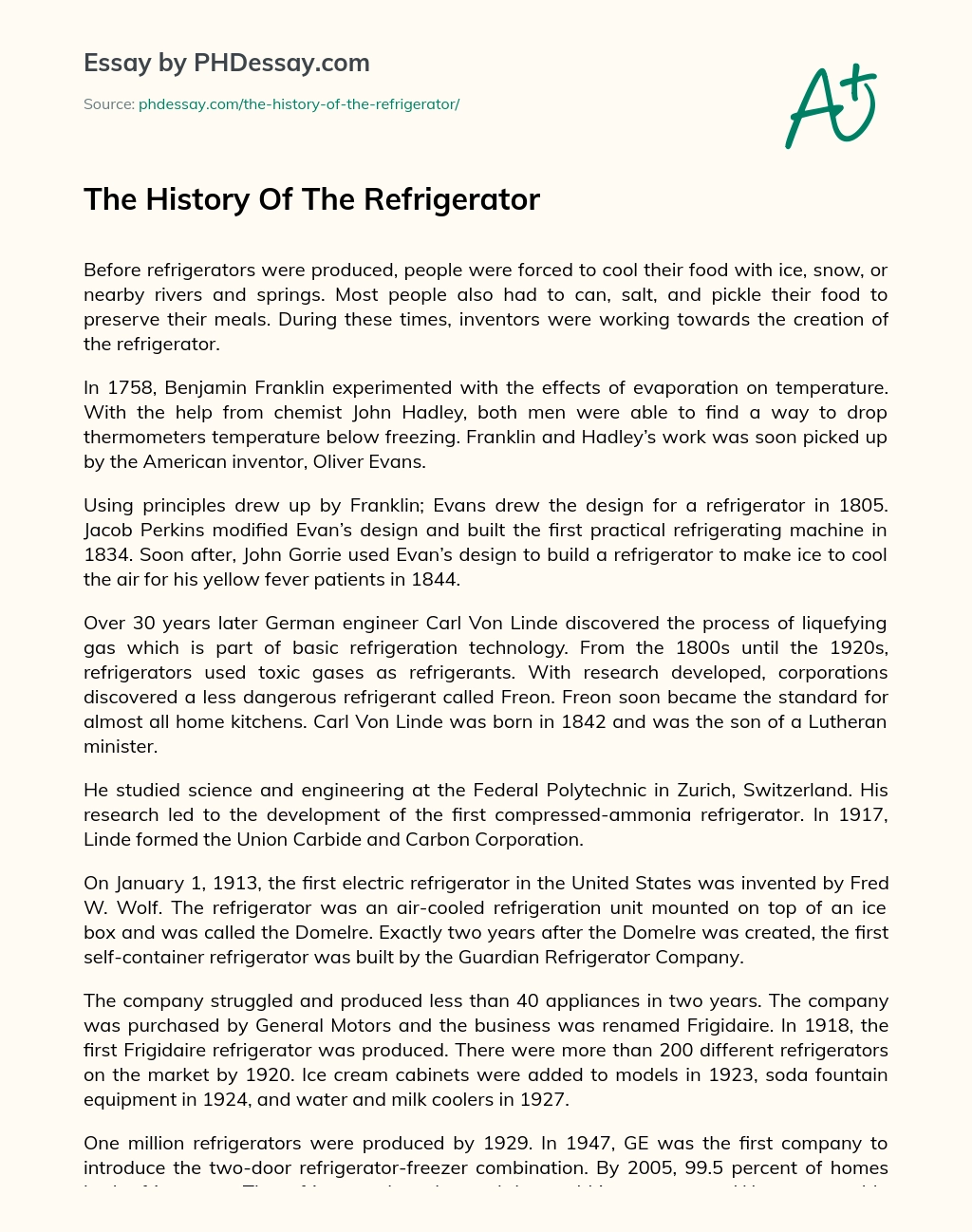 The History Of The Refrigerator essay
