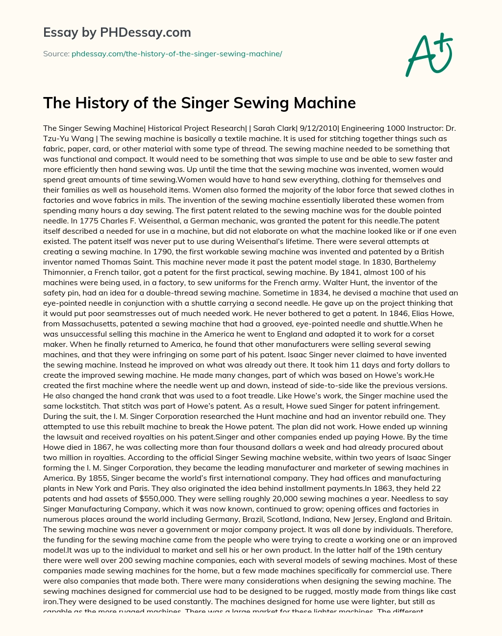The History of the Singer Sewing Machine essay