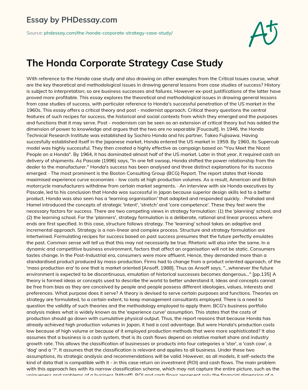 The Honda Corporate Strategy Case Study essay