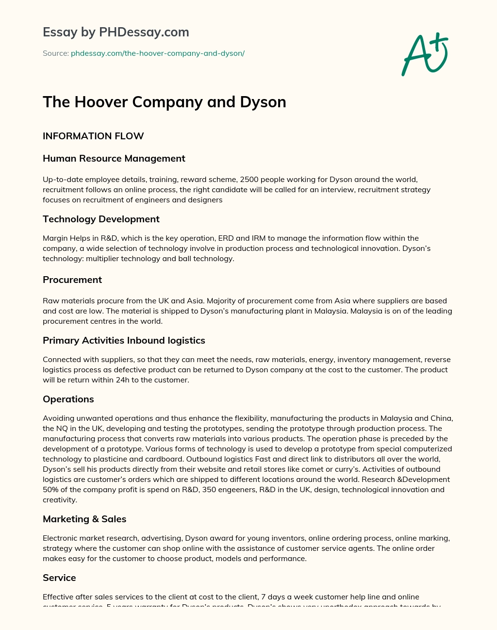 The Hoover Company and Dyson essay