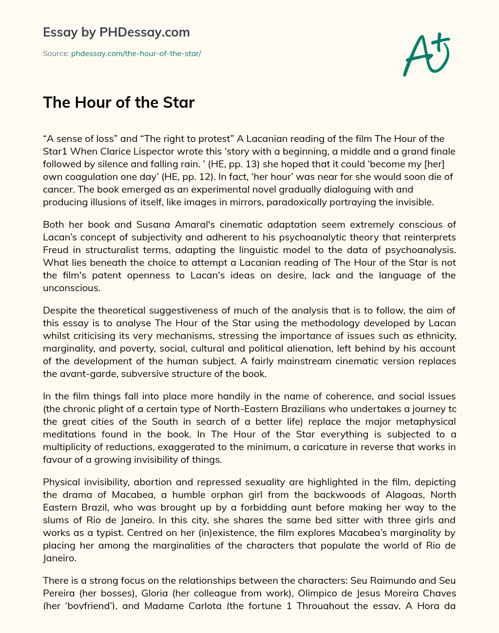 The Hour of the Star essay