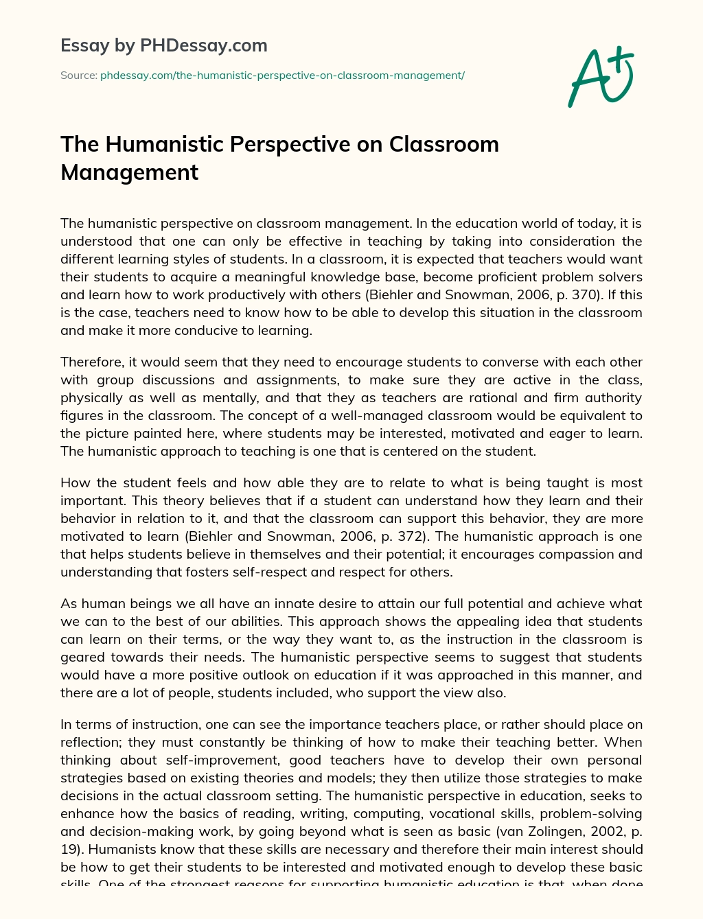 The Humanistic Perspective on Classroom Management essay