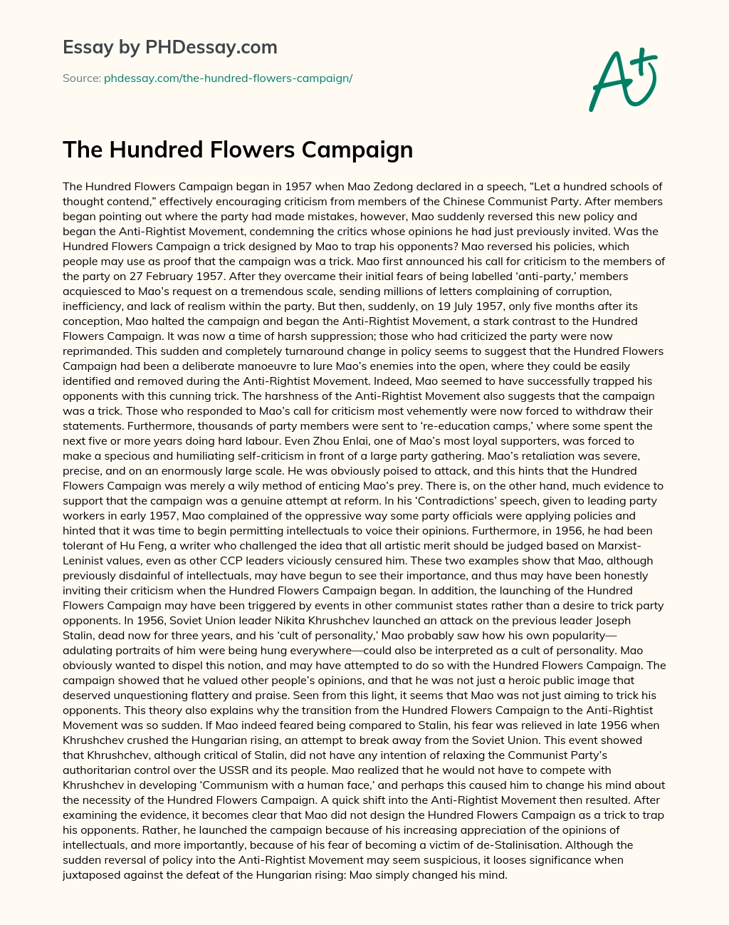 The Hundred Flowers Campaign essay
