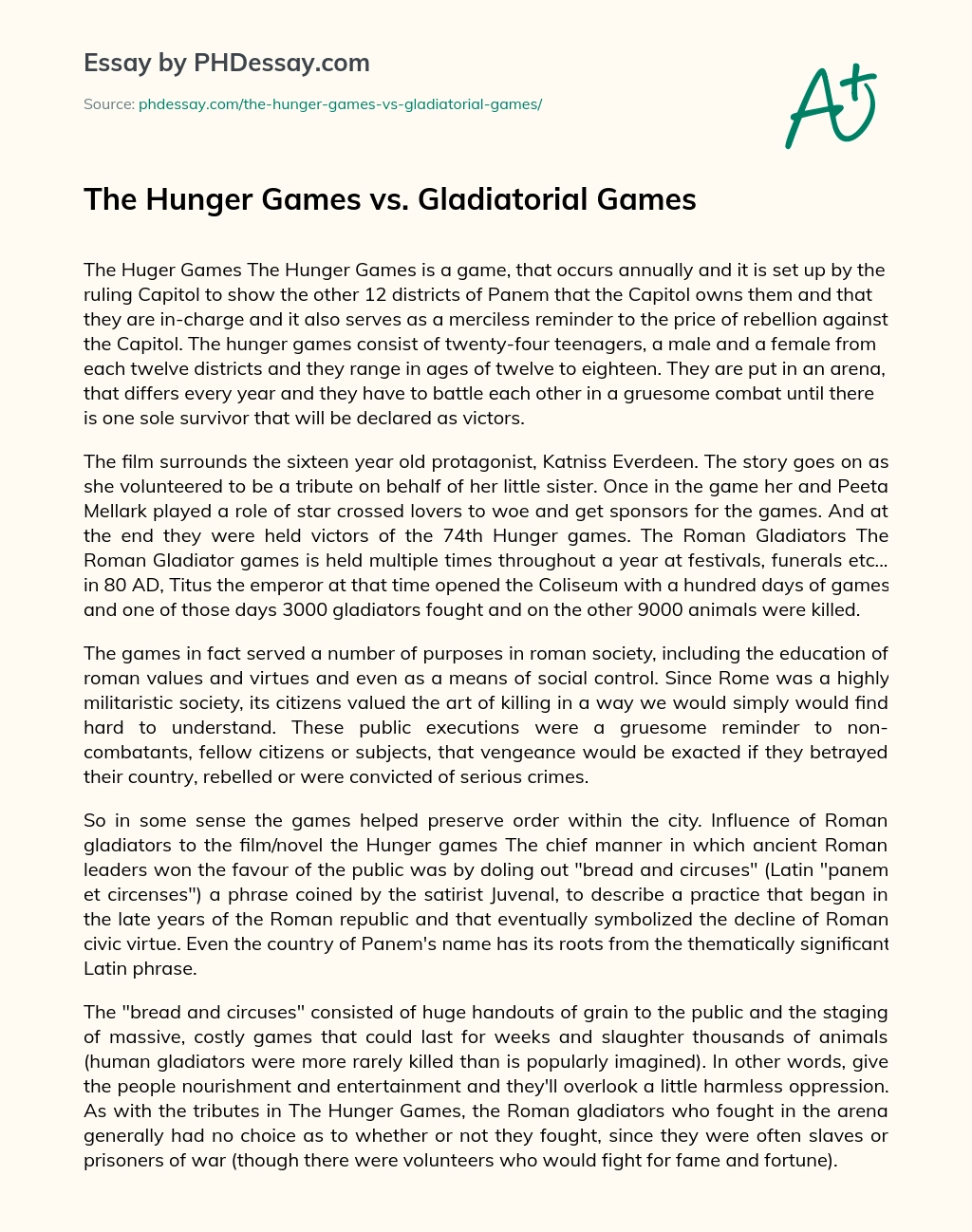 The Hunger Games vs. Gladiatorial Games essay