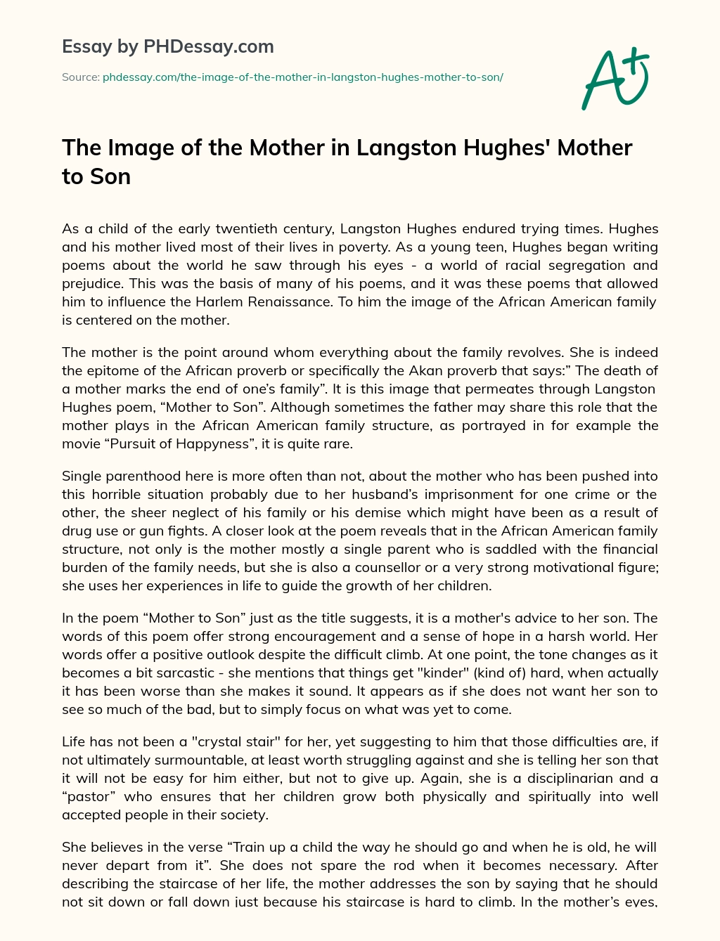 The Image of the Mother in Langston Hughes’ Mother to Son essay