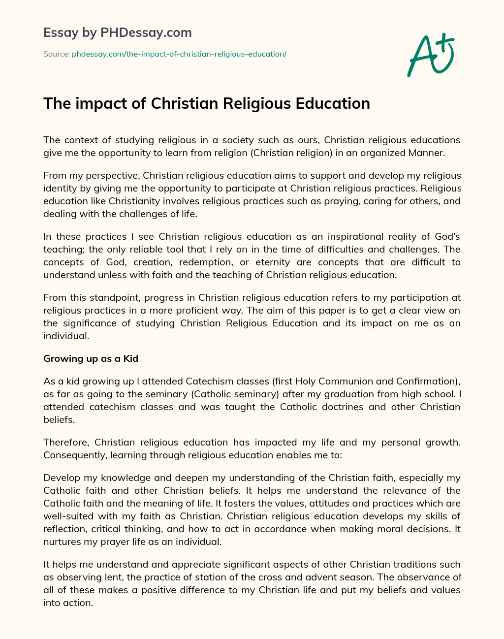 The impact of Christian Religious Education essay
