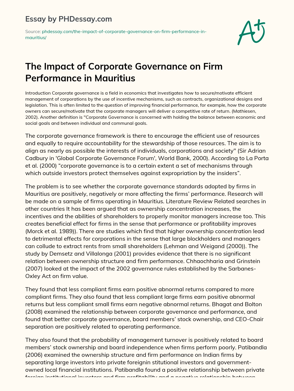 The Impact of Corporate Governance on Firm Performance in Mauritius essay