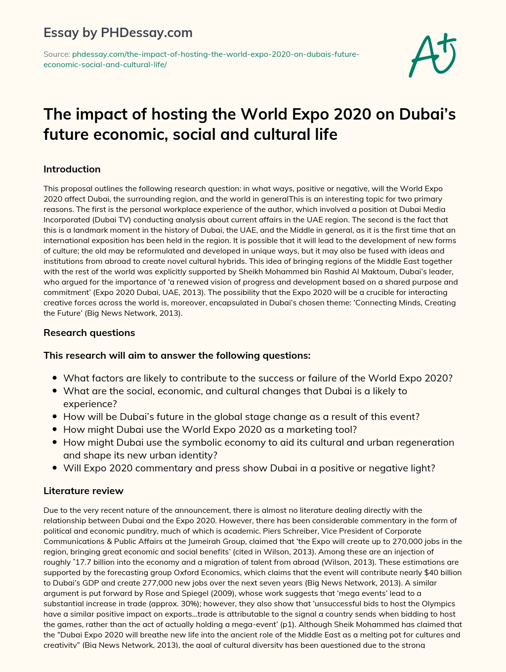 The impact of hosting the World Expo 2020 on Dubai’s future economic, social and cultural life essay