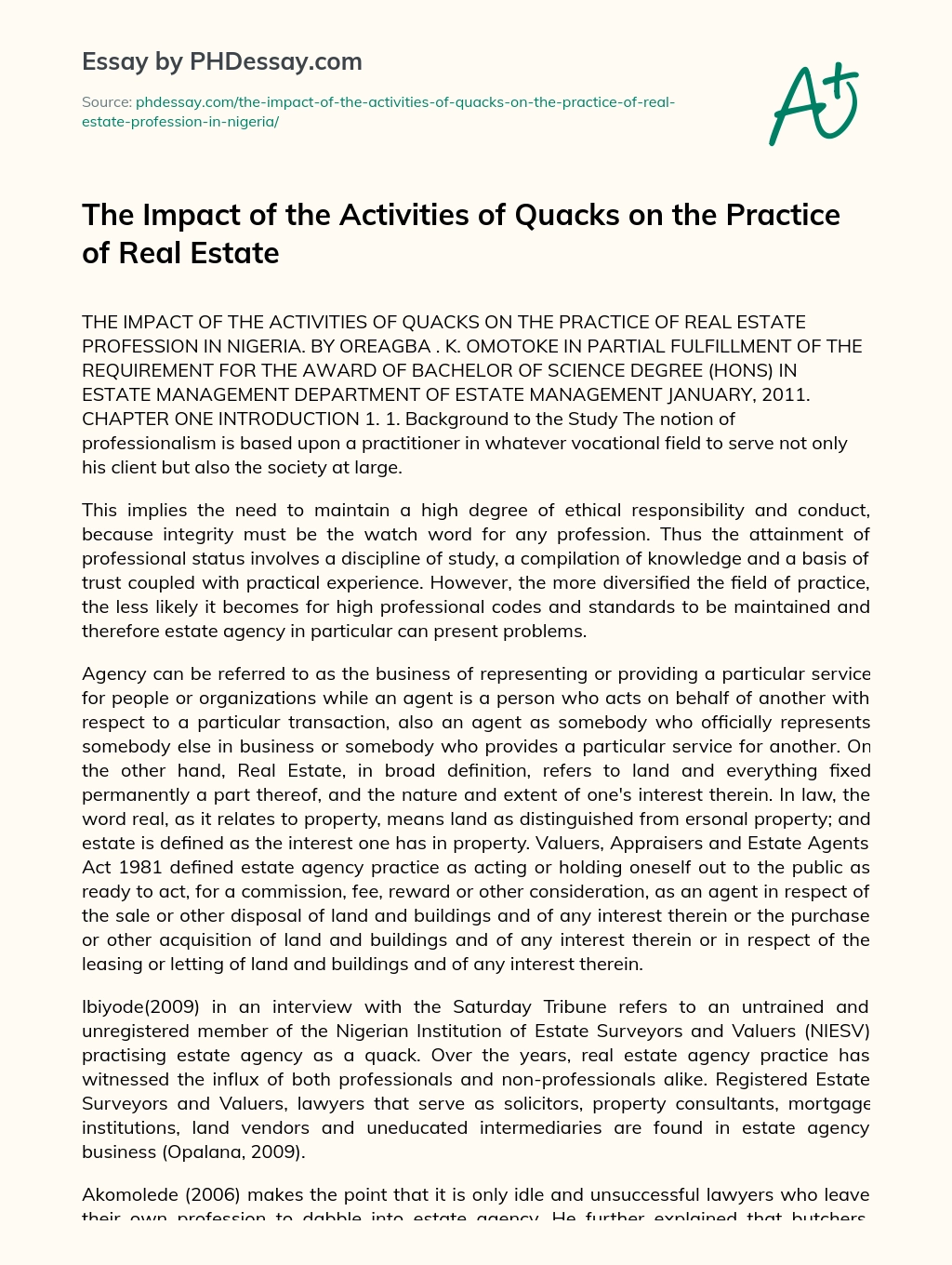 The Impact of the Activities of Quacks on the Practice of Real Estate essay