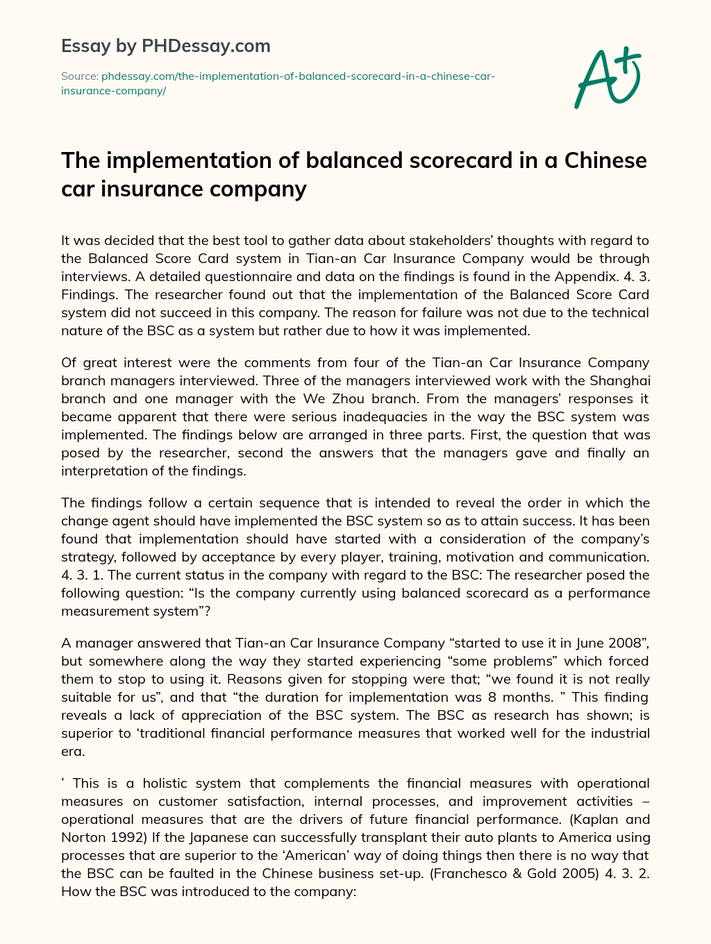 The implementation of balanced scorecard in a Chinese car insurance company essay