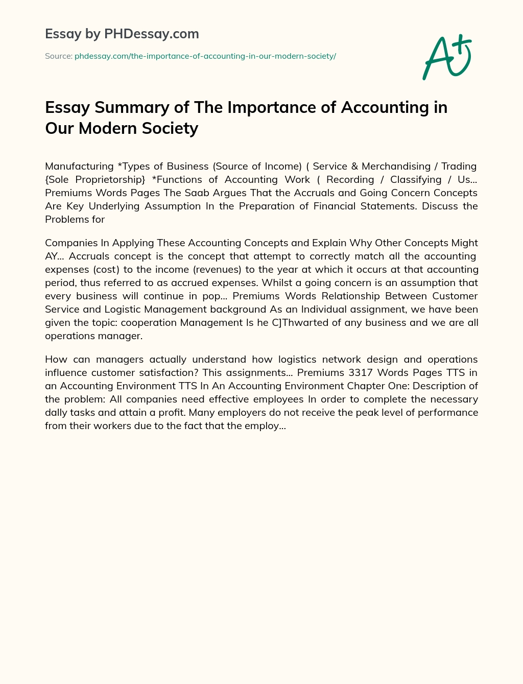 Essay Summary of The Importance of Accounting in Our Modern Society essay