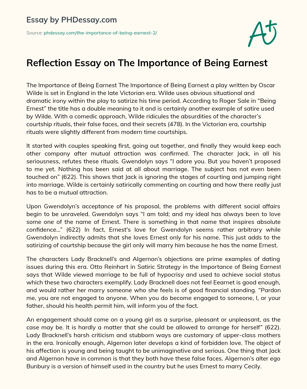 Reflection Essay on The Importance of Being Earnest essay