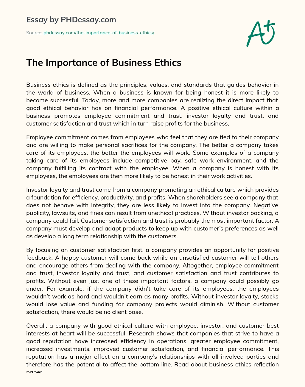 The Importance of Business Ethics essay