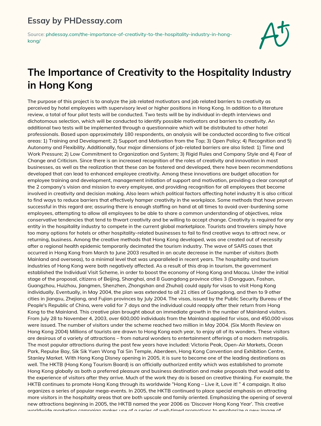 The Importance of Creativity to the Hospitality Industry in Hong Kong essay