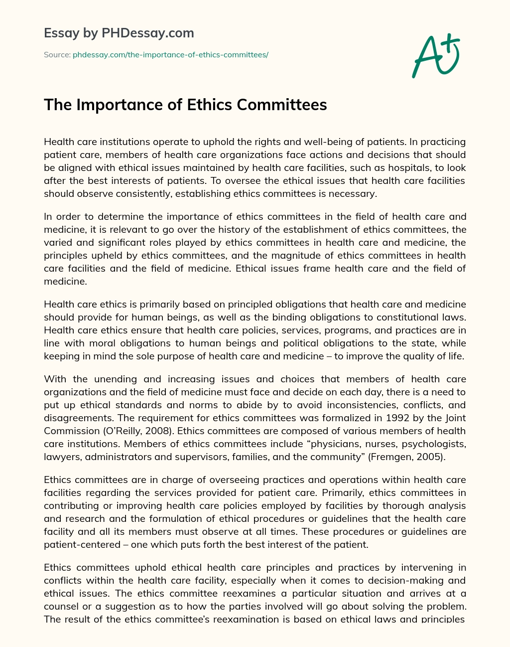 The Importance Of Ethics Committees Essay Example Phdessay Com