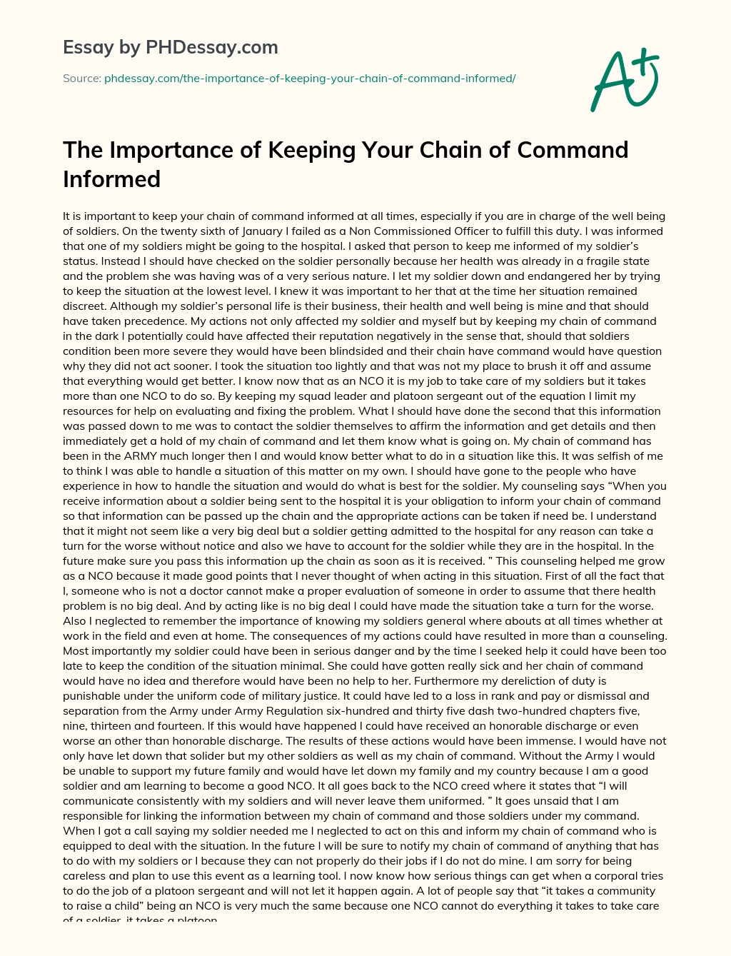 The Importance of Keeping Your Chain of Command Informed essay