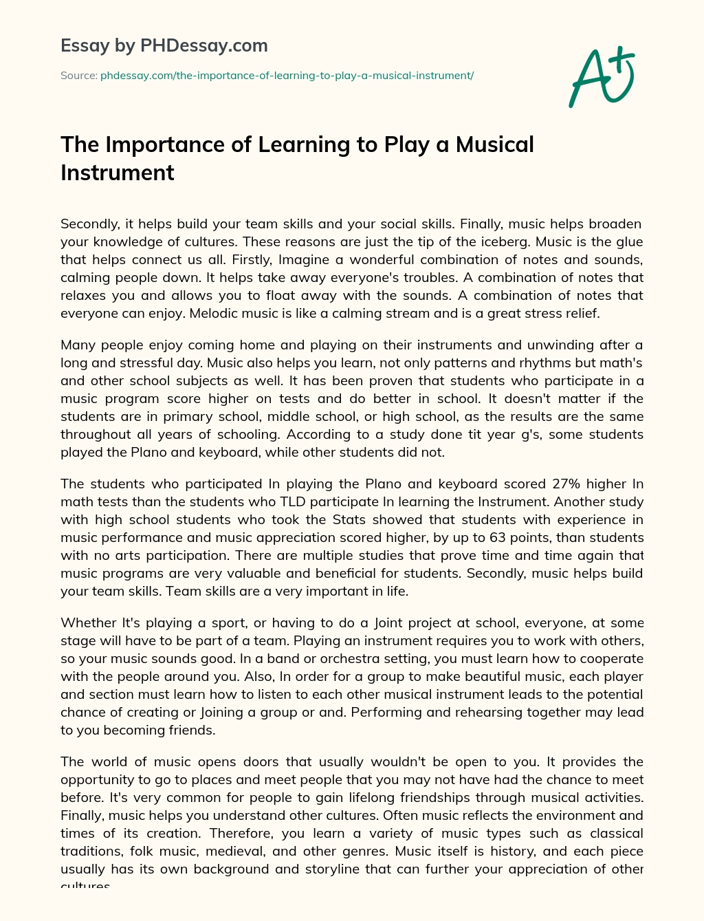 The Importance of Learning to Play a Musical Instrument essay