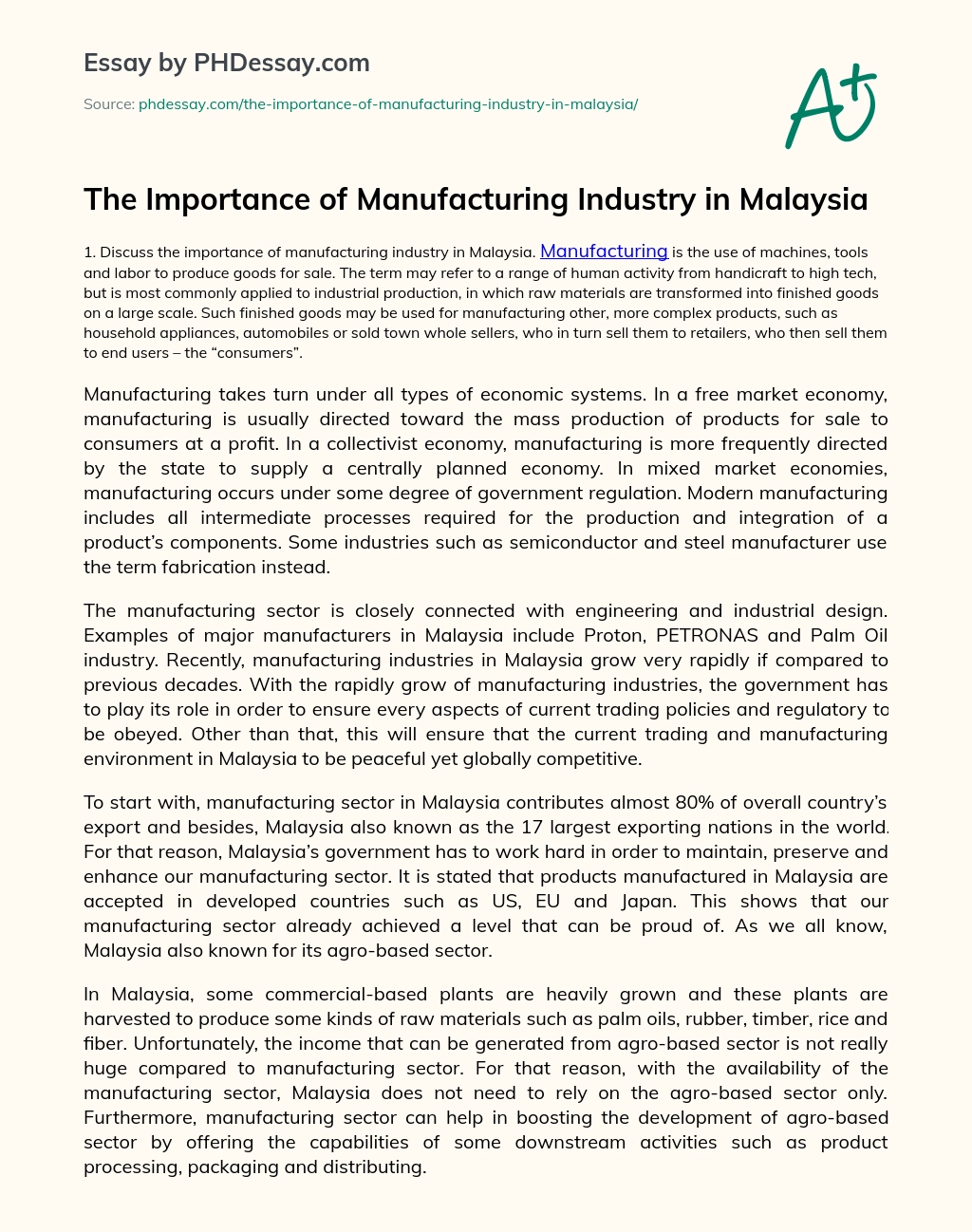 The Importance of Manufacturing Industry in Malaysia essay