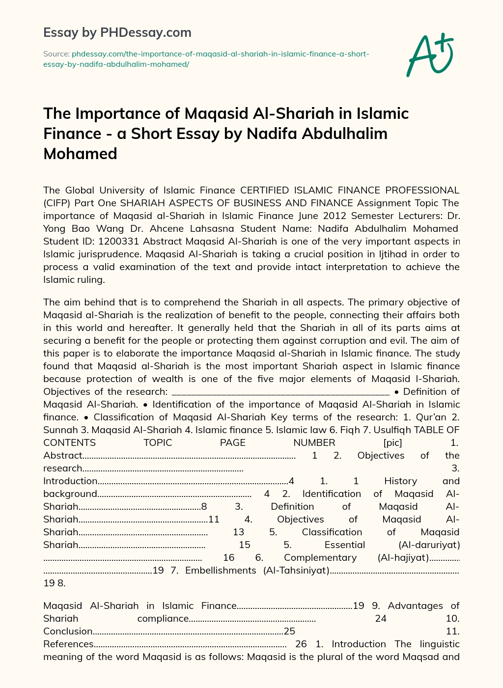 The Importance of Maqasid Al-Shariah in Islamic Finance – a Short Essay by Nadifa Abdulhalim Mohamed essay