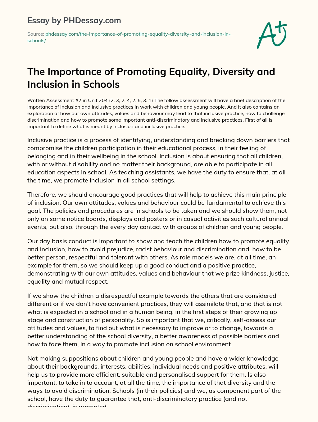 The Importance of Promoting Equality, Diversity and Inclusion in Schools essay